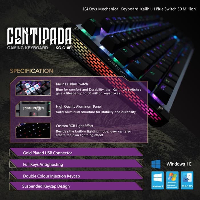 Keyboard Gaming Imperion Centipada KG-C10R Mechanical RGB - Hitam
