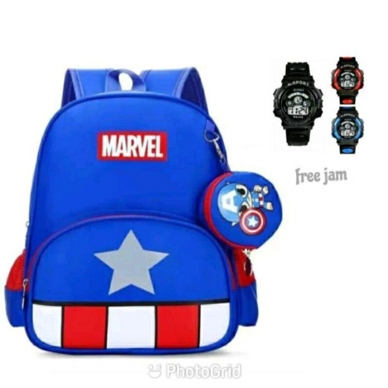 Tas ransel anak canvas laki-laki karakter superhero gratis jam tangan - tas anak