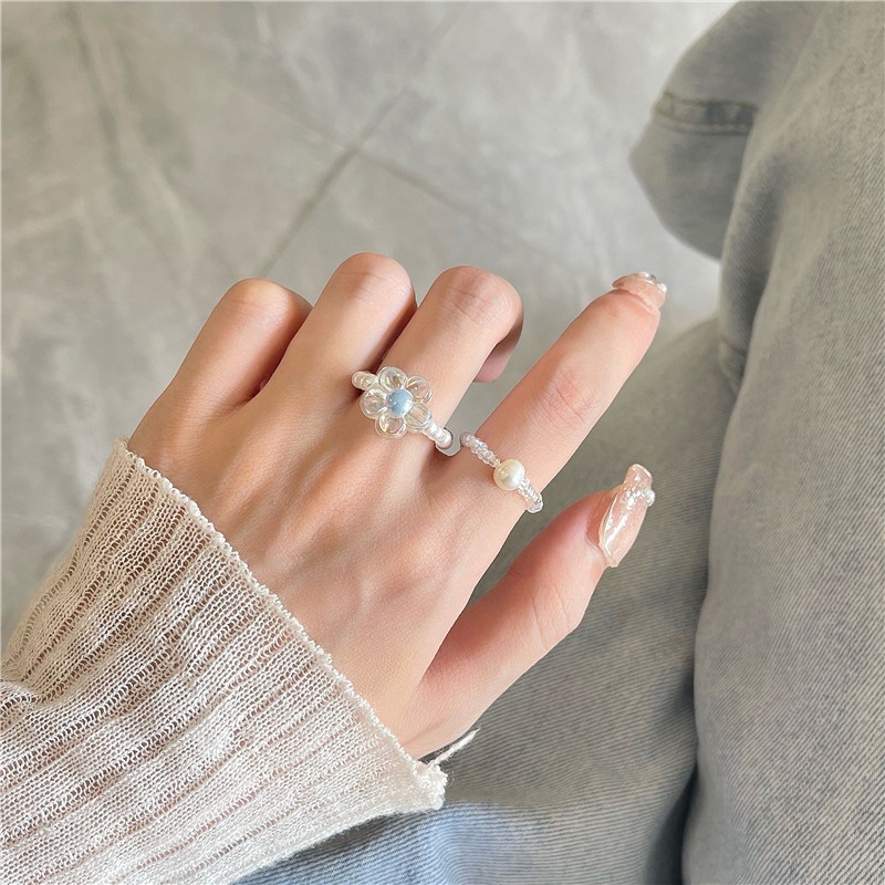 2PCS/Set Lovely Pearl Ring Beaded Elastic White Flower Index Finger Ring