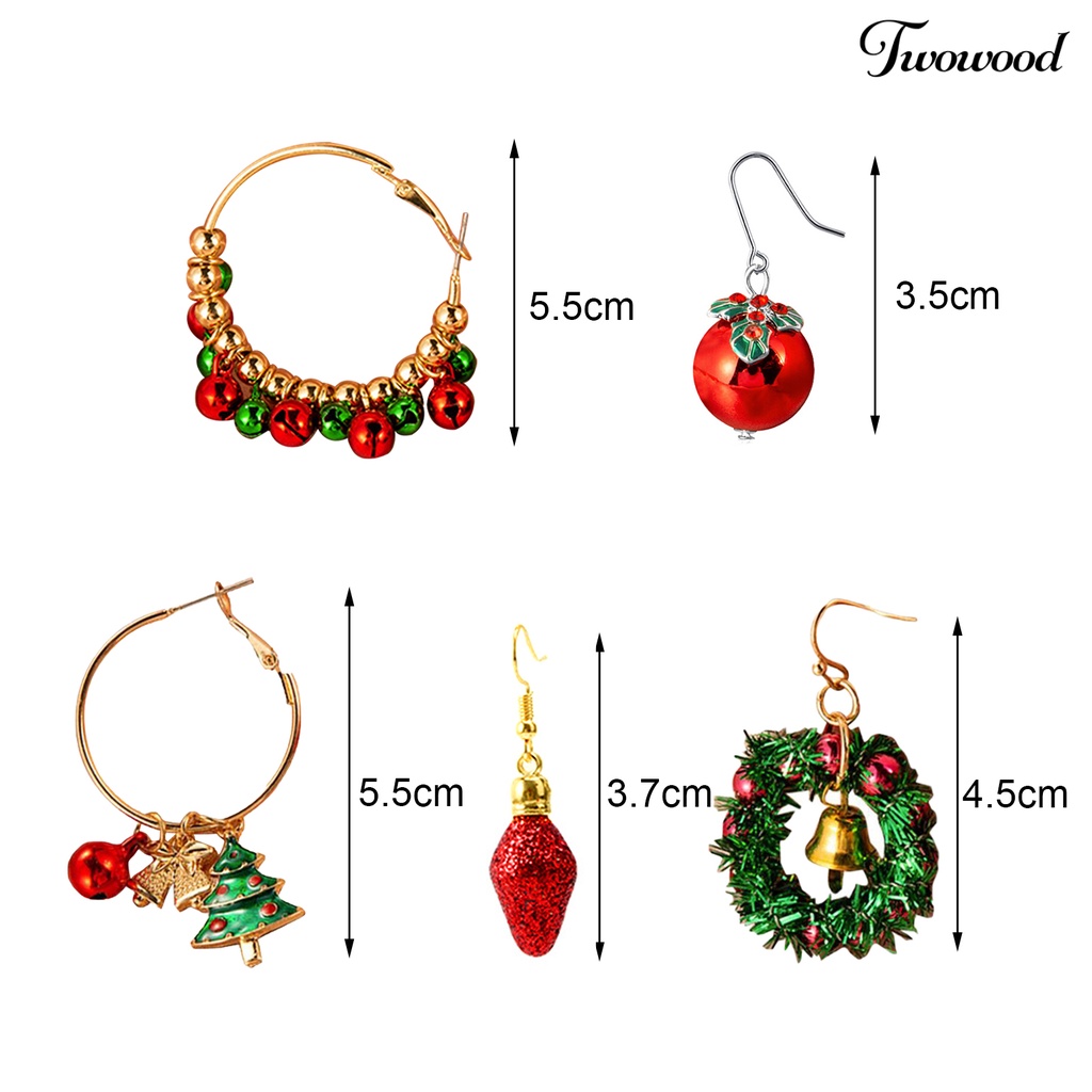 Twowood 1 Pair Women Hoop Earrings Christmas Wreath Festive Small Bells Lightweight Tree Ball Hook Earrings for Festival