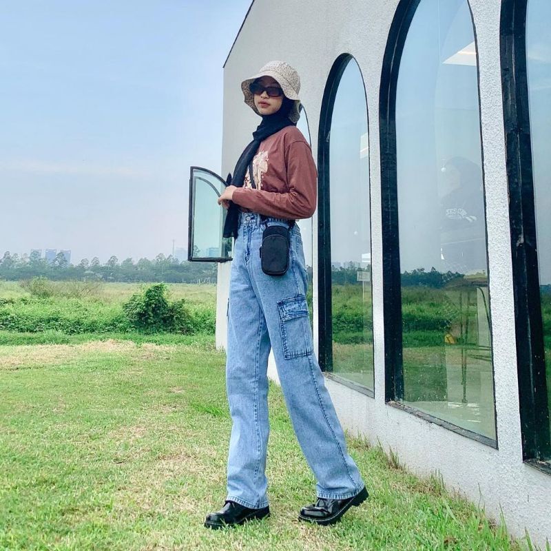 (27-34) SNOWBLUE CARGO HW LOOSE JEANS / CELANA HIGHWAIST SNOW BLUE CARGO JEANS WANITA CEWEK