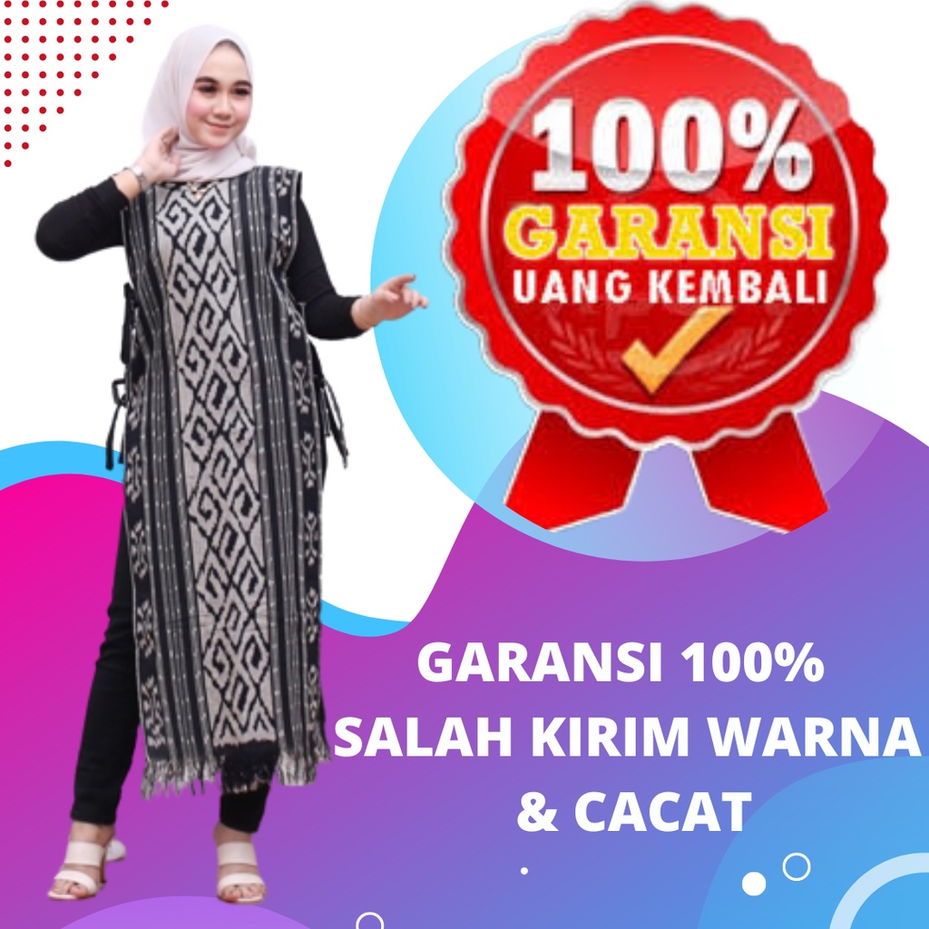 Long Vest Outer Wanita Muslim Hitam Putih Tenun Etnik Baju oter Muslimah Rompi Panjang Tanpa Lengan-7