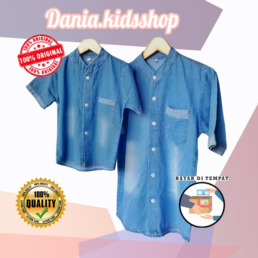 Kemeja jeans biru muda pria dewasa lengan pendek bahan premium couple keluarga ibu ayah anak kakak a
