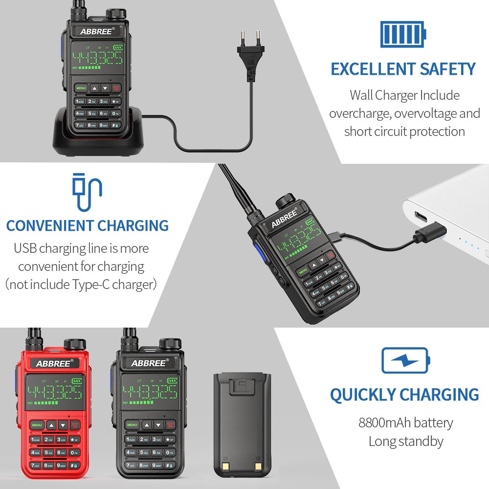 HT ABBREE AR-518 FULL BAND Walkie Talkie 8800mAh Copy Frequency 1.77 inch