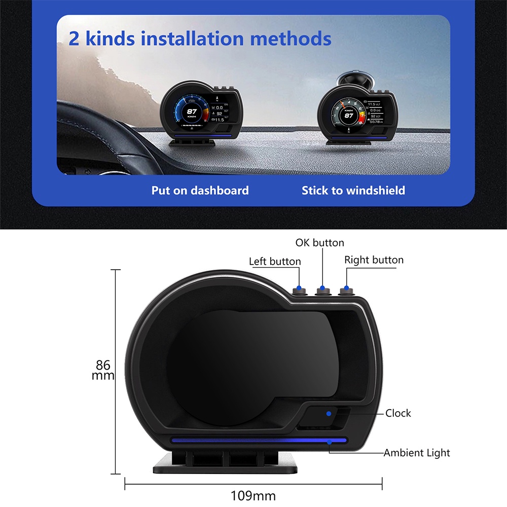 P6 Smart Mobil Layar Display OBD+GPS HUD Sistem Ganda Mobil Head up Display Digital Speedometer dengan Uji Rem Akselerasi Jelas Kode Kesalahan