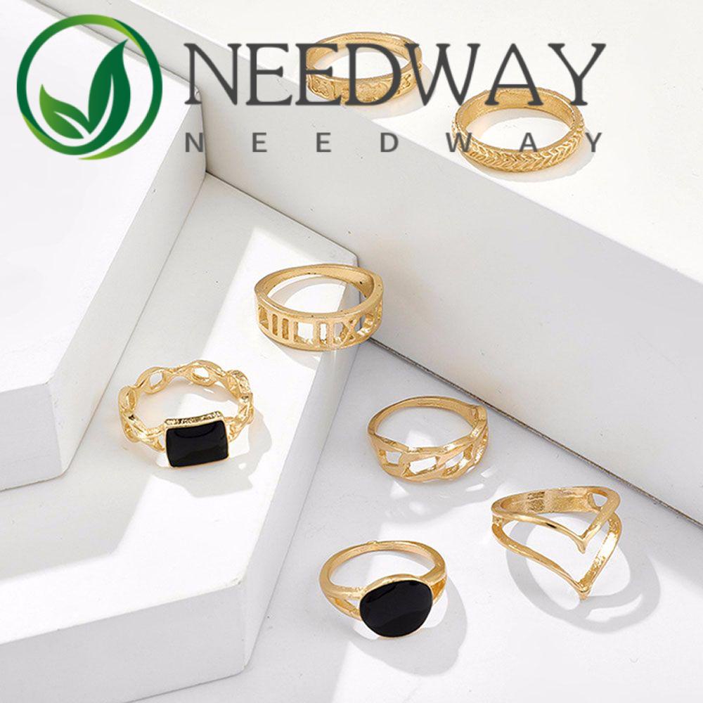 Needway  Friend Gifts Rings 2021 New Fashion Accessories Joint Ring Set Party Jewelry Chain 7Pcs/set Gold Color Metal Temperament Tail Ring/Multicolor