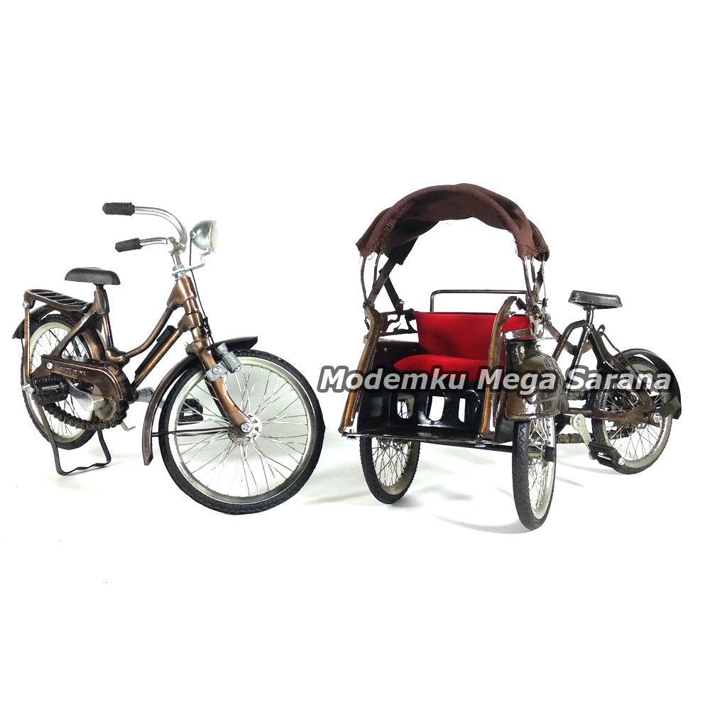 Paket Isi 2 - Miniatur Becak &amp; Sepeda Onthel Pajangan