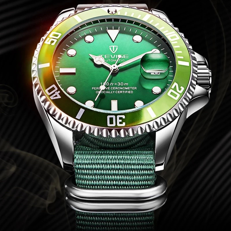 Jam Tangan Pria Mekanik Automatic Tevise Submariner Silver Green