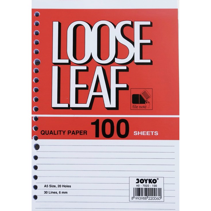 

LOOSE LEAF JOYKO KERTAS BINDER REFILL BERGARIS PUTIH ISI 100 A5 RING 20 LUBANG 30 GARIS PER PAK