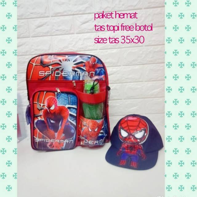 Tas Sekolah Anak Laki-Laki Ransel Spiderman Gratis Botol Minum Plus Topi Led