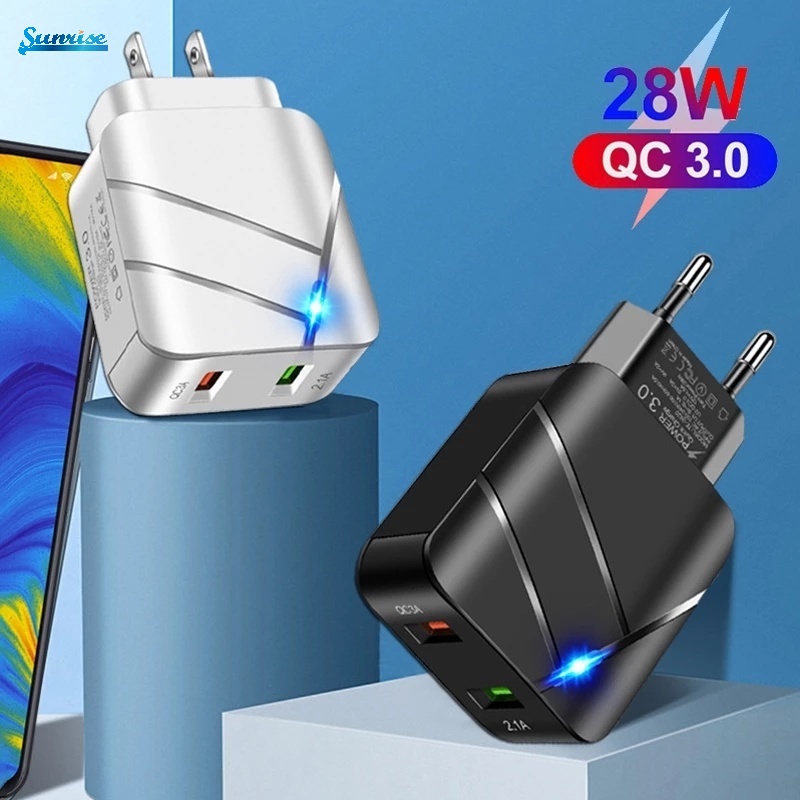 Adapter Charger Handphone 28W Quick Charging QC3.0 + 2.1A Dual USB Dengan Lampu Untuk Travel