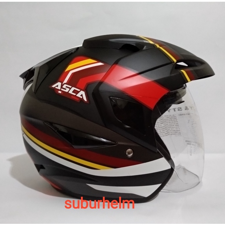 HELM  ASCA PREMIER  MONDAY   BLACK  RED  DOFF  DAN  GLOSSY   HALF  FACE  DOUBLE VISOR MANUAL  SNI  D