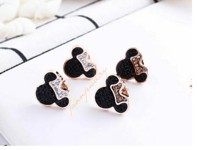 Anting Tusuk / Giwang Mickey Asli Titanium Full Permata Zircon Anti Karat &amp; Alergi