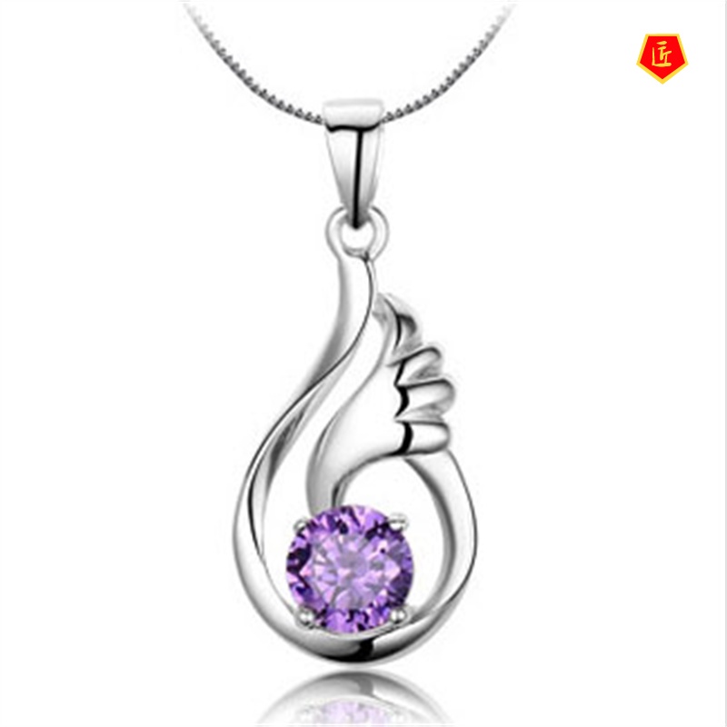 [Ready Stock]Sweet Temperament Korean Style Angel Wings Silver Necklace Female Purple Crystal Pendant