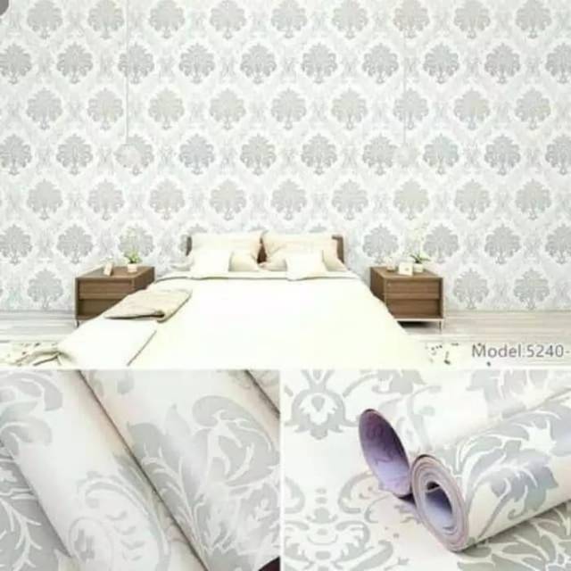 Wallpaper stiker dinding motif batik silver dasar putih