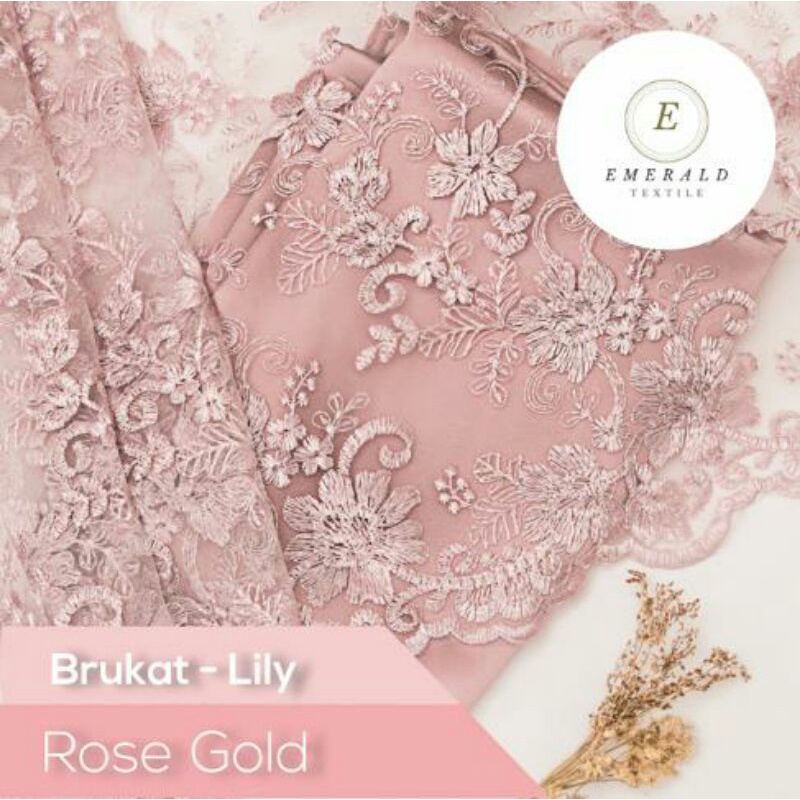 SETENGAH METER Kain Brokat Tile Prancis Bahan Kebaya Motif Lily - Rose Gold ( HARGA PER 50cm KAIN )