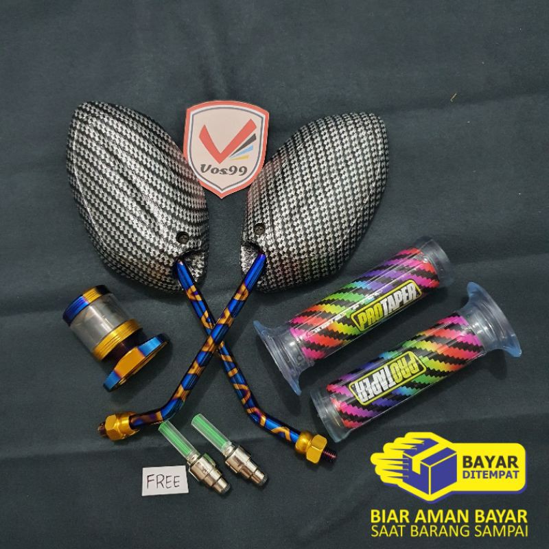 [ PAKET ] SPION BEAT TANGKAI BLUE X + GRIP PELANGI CARBON+ STEMPEL HONDA TWOTONE + FREE TUTUP PENTIL