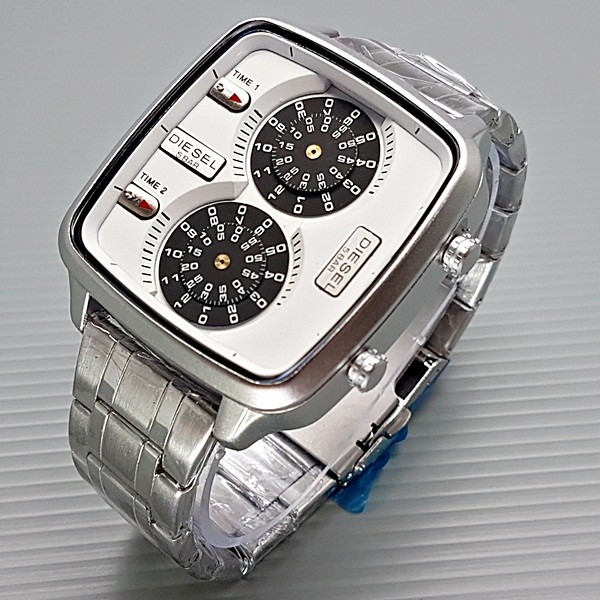 Jam Tangan Pria / Cowok Diesel Double Watch Rantai Silver White