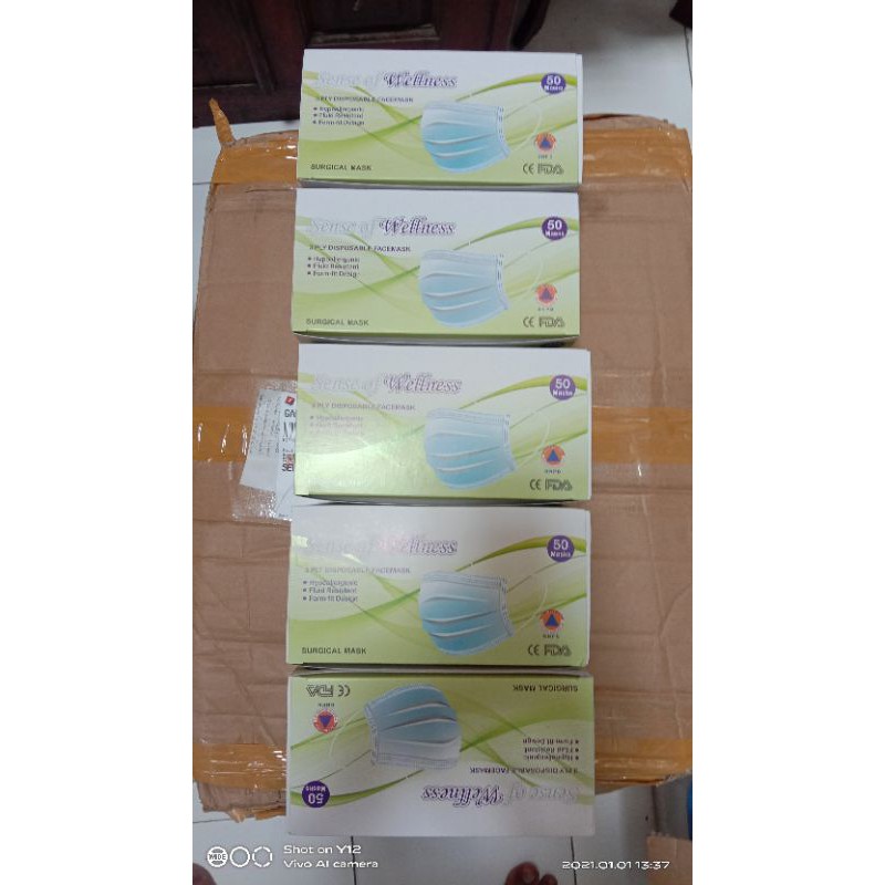 Masker 3ply Earloop "Sense of Wellness" Original Disposable Surgical Mask 1box isi 50pcs