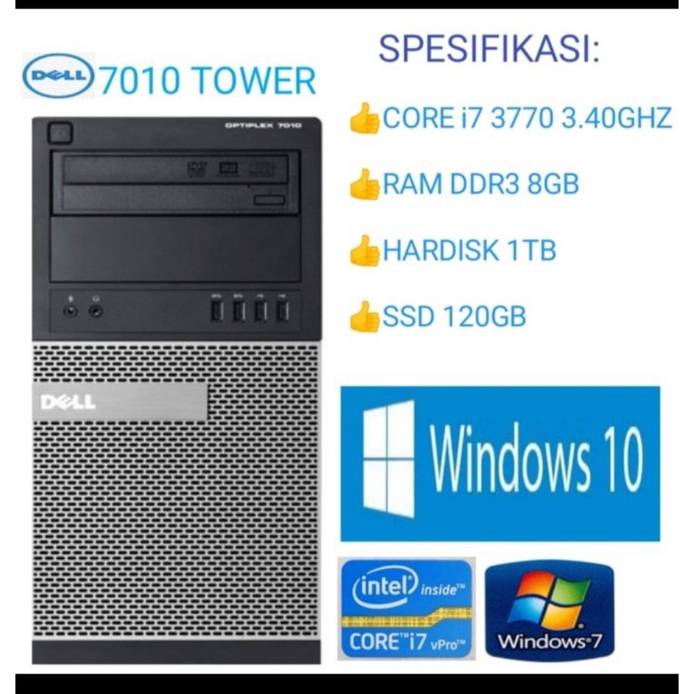 CPU PC DELL OPTIPLEX 7010 TOWER Core i7 3770 ram 8 GB HDD 1tb SSD 120gb