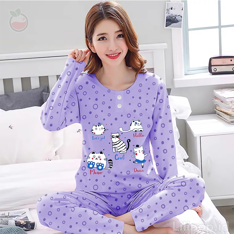 Baju Tidur Celana Panjang Wanita Baby Doll PP Lengan Panjang Bahan Kaos All Size Murah Lilipop