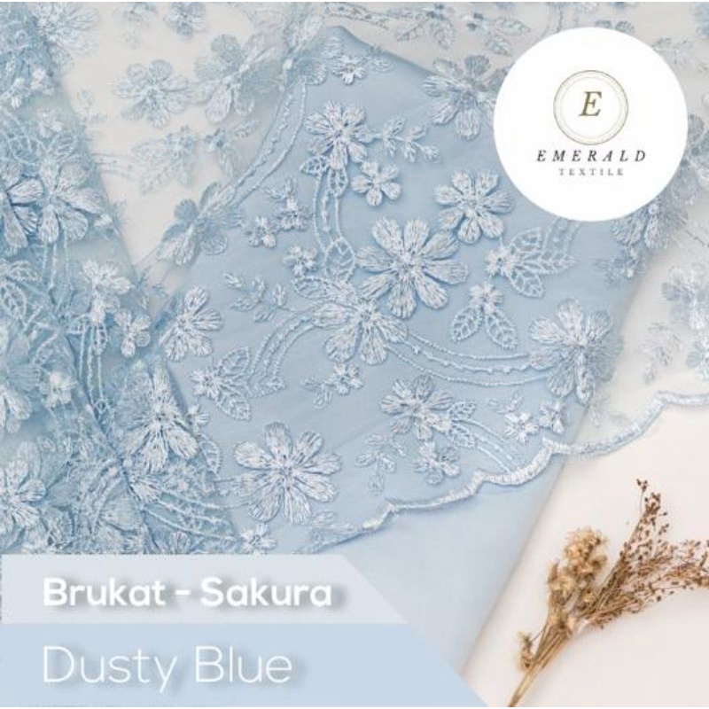 SETENGAH METER Kain Brukat Tile Premium Bahan Kebaya Motif Sakura - Dusty Blue ( HARGA PER 50cm KAIN )