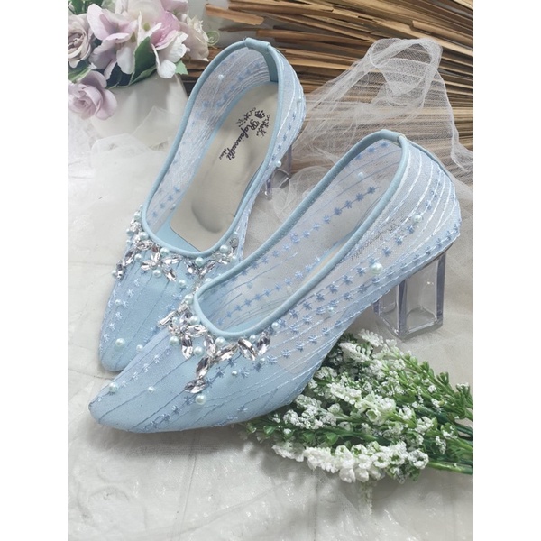 sepatu merrisa babyblue salur tinggi 7cm kaca