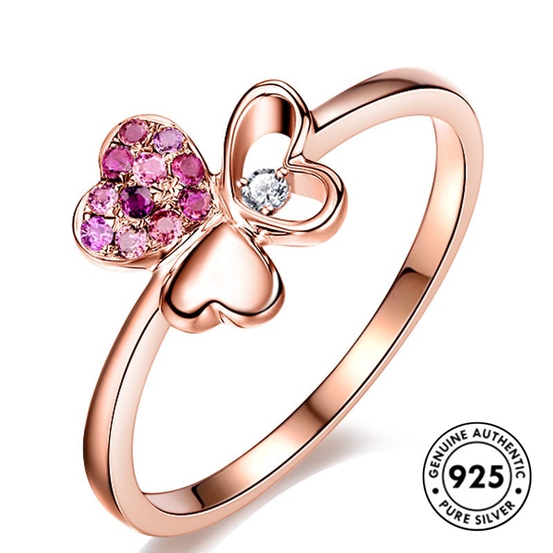 Cincin S925 Silver Rose Gold Bentuk Hati Aksen Batu Permata Untuk Wanita