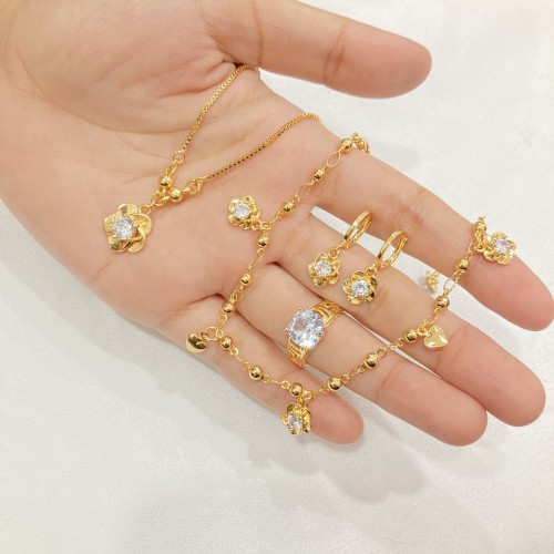 Set Perhiasan Kalung Anting Gelang Cincin Bunga Permata Lapis Emas Aksesoris Fashion Asesoris Wanita