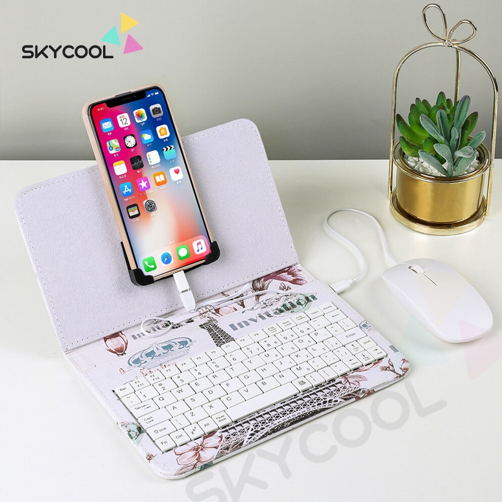 Portable Keyboard dan mouse untuk hp Android dengan Lucu PU Kulit Kasus Mini Keyboard hp Adjustable Pemegang Kompatibel dengan Keyboard hp Android Vivo Realme OPPO Huawei Xiaomi Samsung