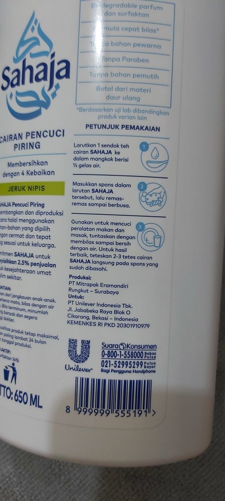 Sahaja Sabun Cuci Piring 720 Ml Plus Hadiah & Kemasan Botol 650 Ml