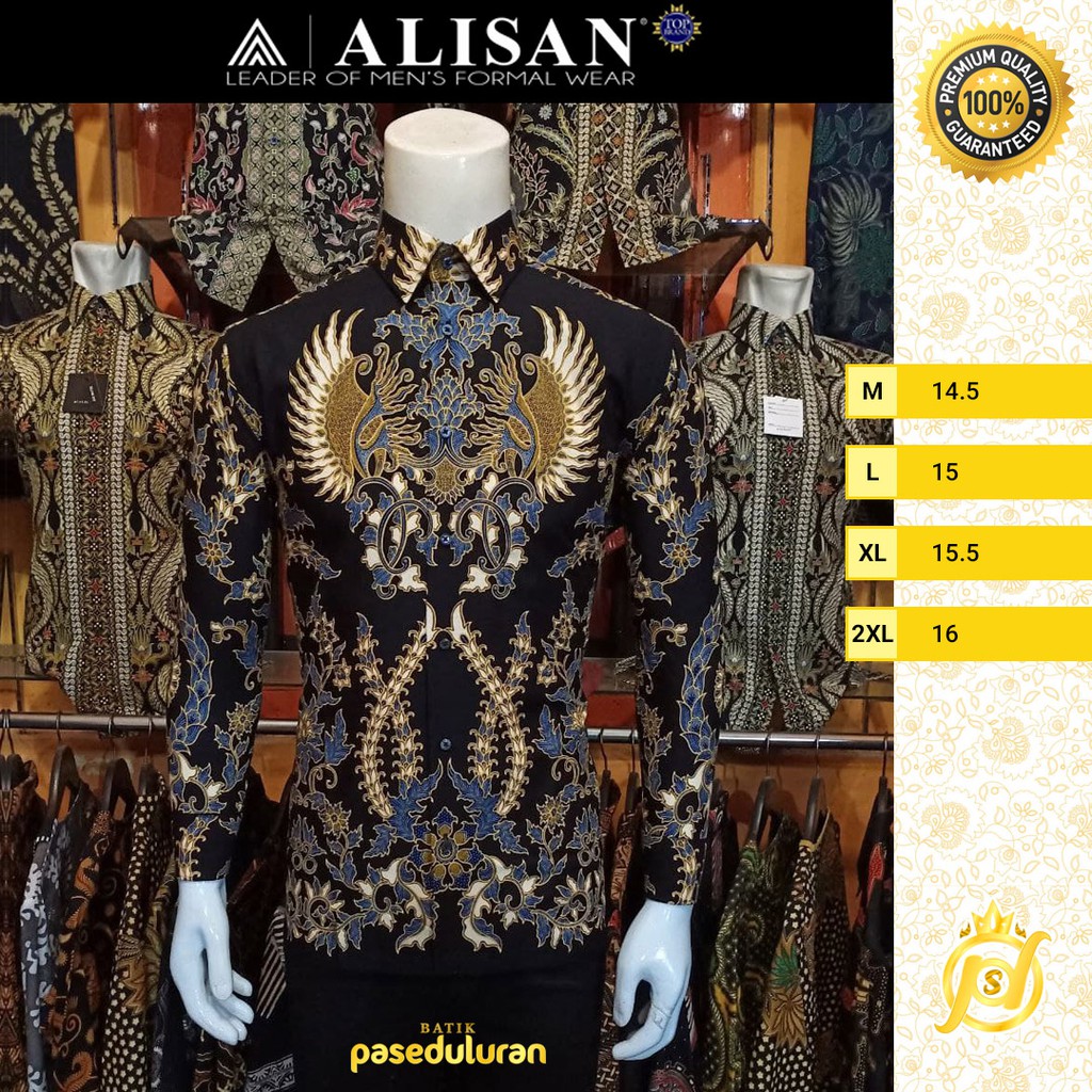 Kemeja Alisan Batik SlimFit Premium Katun  Motif Ukiran Sayap Dada Warna Hitam Emas Panjang