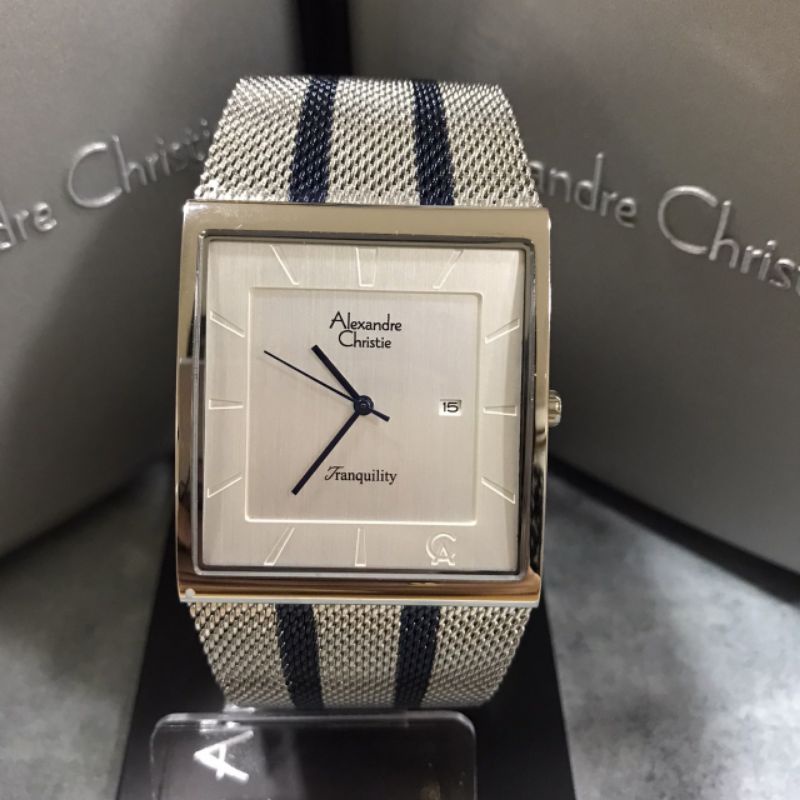 Jam Alexandre Christie AC 8333 MD BTU Pria Rantai Pasir Silver Biru Segi