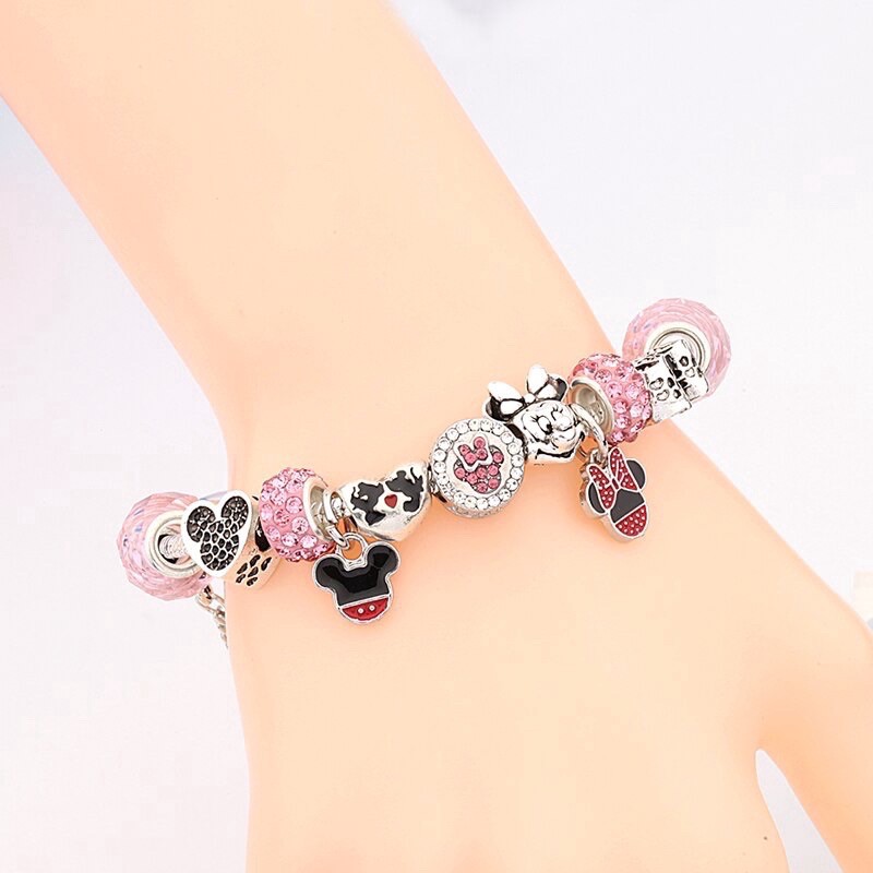 Gelang Charm Crystal Pink Minnie Mickey Bracelet Premium