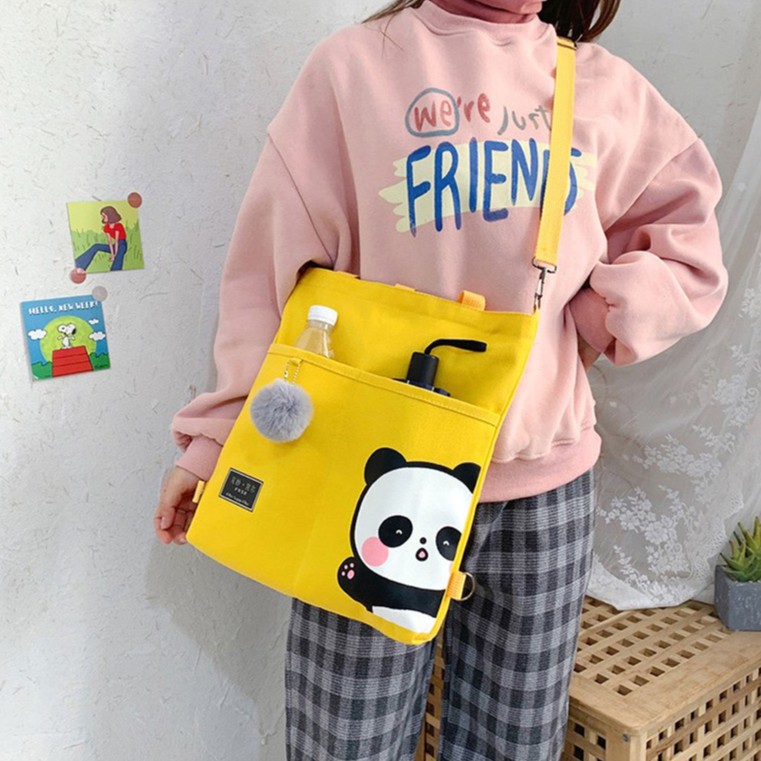 [littlecrab] Tote Bag Panda Imut Lucu Unisex Tas Totebag Resleting Multifungsi Berkualitas Tas Tote Kuliah Sekolah Motif Panda Pom-Pom Lucu Korean Style