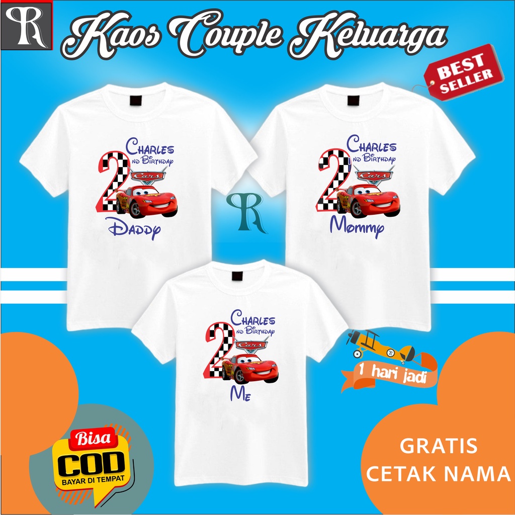 BAJU KAOS COUPLE KELUARGA | KAOS CUSTOM FAMILY CUSTOM ULANG TAHUN TEMA CARS -BISA REQUEST TULISAN