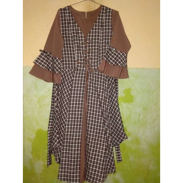 Tunik Kotak Anggun TERMURAH TUNIK KOTAK TALI PINGGANG DADA MURAH WARNA COKLAT BAHAN KATUN