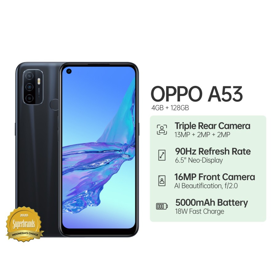 OPPO A53 4GB/128GB Garansi Resmi [Triple Rear Camera, 5000mAh Battery 18W Fast Charge]