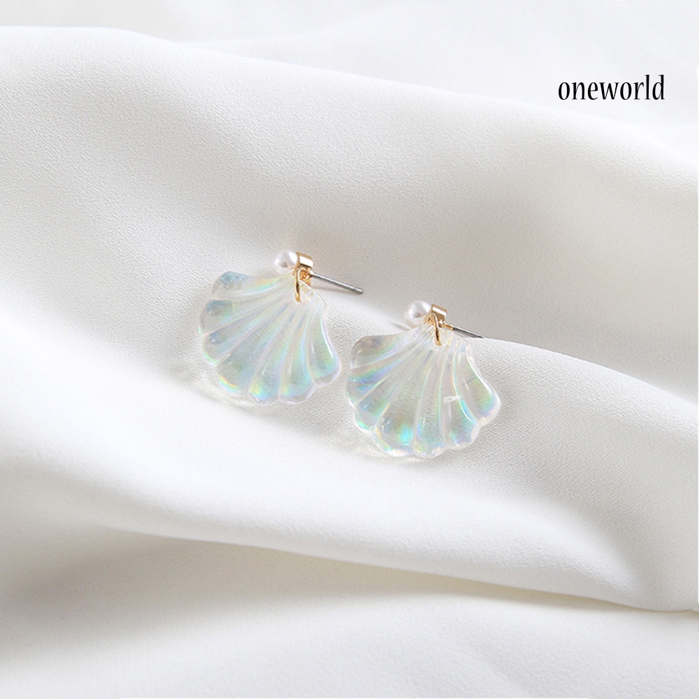 OW@ Colorful Resin Mermaid Rainbow Imitation Pearl Shell Women Stud Earrings Gift