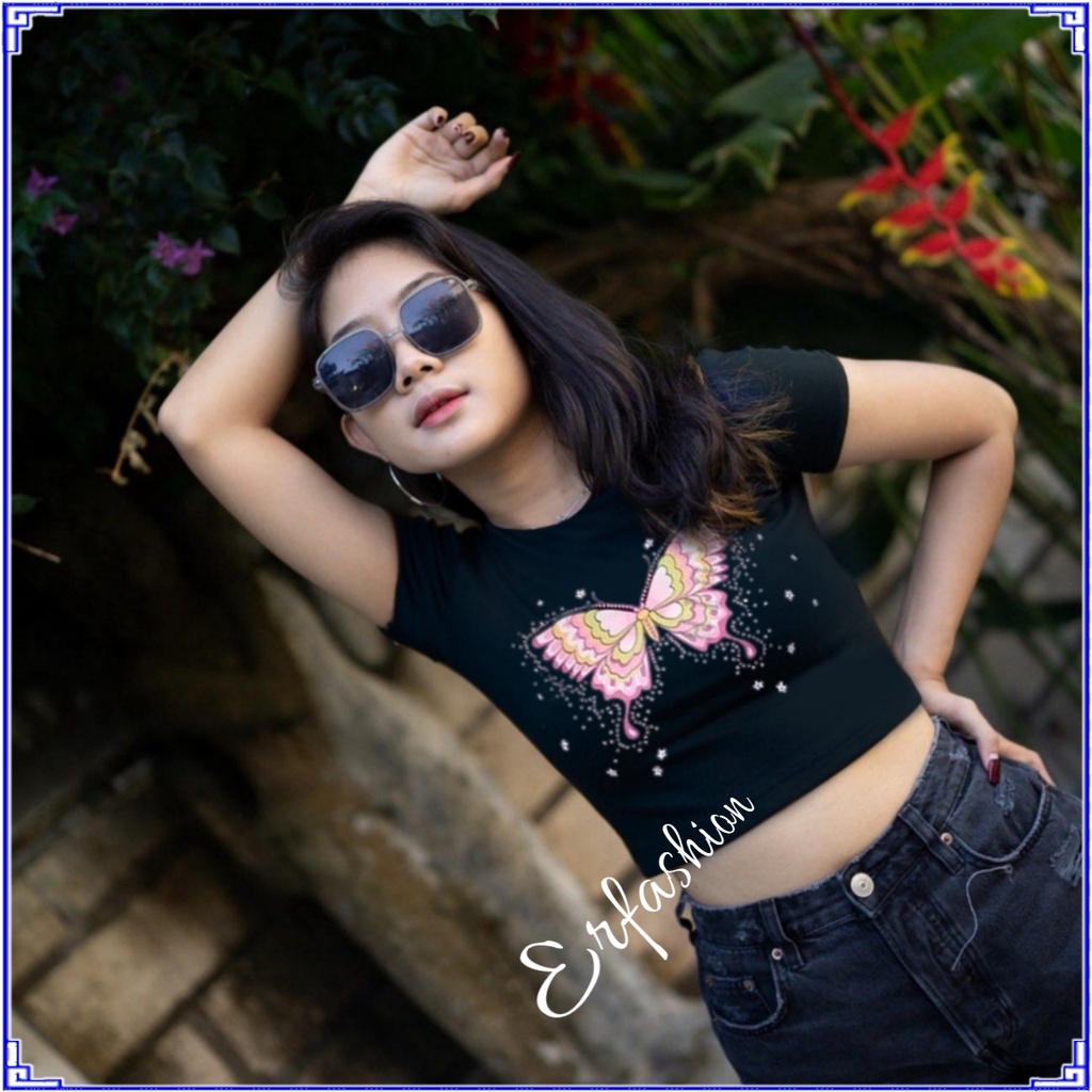 Erfashion - Kupu Kupu Crop Top Knit Rib / Kaos Wanita Short Sleeve Crop Top Big Butterfly Knit Rib