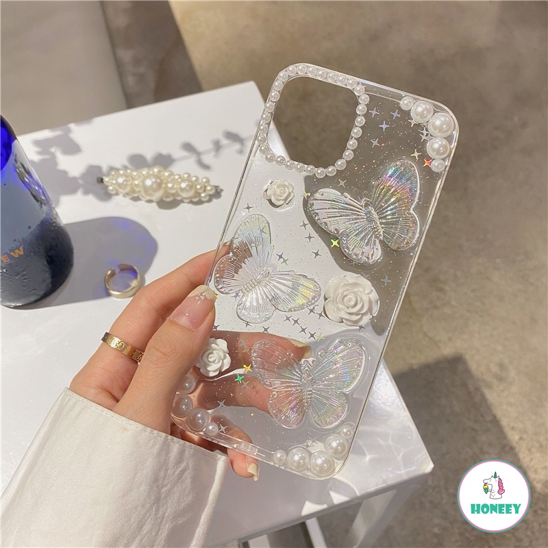 Luxury Glitter Pearl Butterfly Clear Phone Case compatible for Iphone Xr 7Plus 8Plus X XS 14 13 11 12 Pro Max Shock Resistant Soft TPU Back Cover