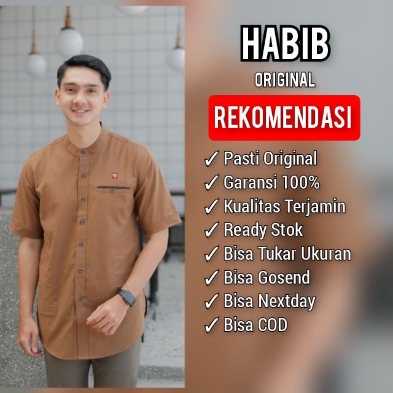 HABIB Kemko Premium Muslim Style Kemko List lengan pendek kemeja koko pakistan polos warna brown seri2 art KMHP 001