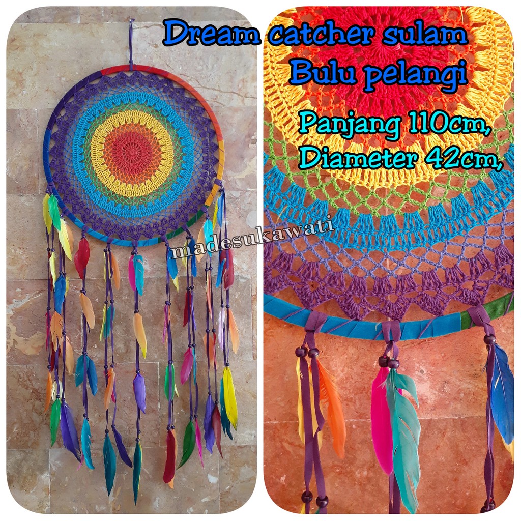 Dream catcher sulam rasta bulu ayam pelangi diameter 42cm