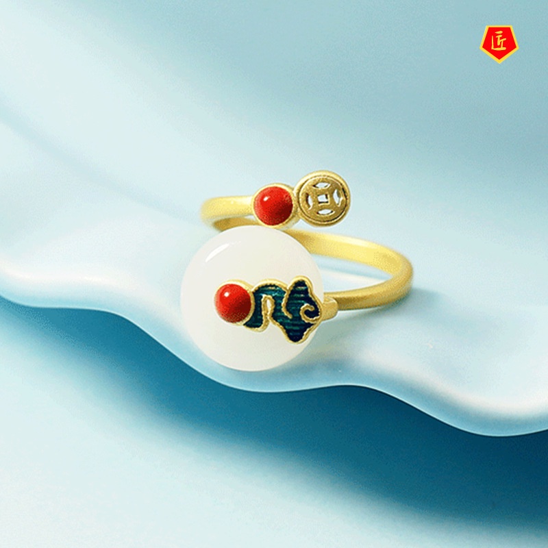 Chinese Style Retro Xiangyun Ring Female Ancient Style Enamel Painted Hetian Jade Fashion Personalized Tail Ring