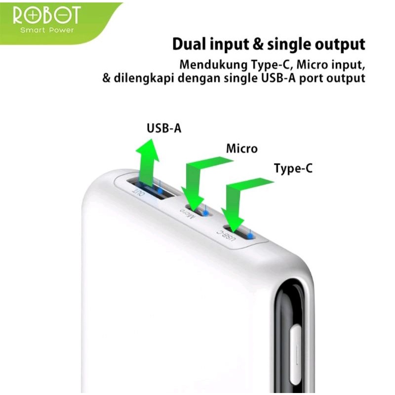 Power Bank ROBOT RT180 Dual Input port Type C &amp; Micro (Kapasitas 10.000 MAH)