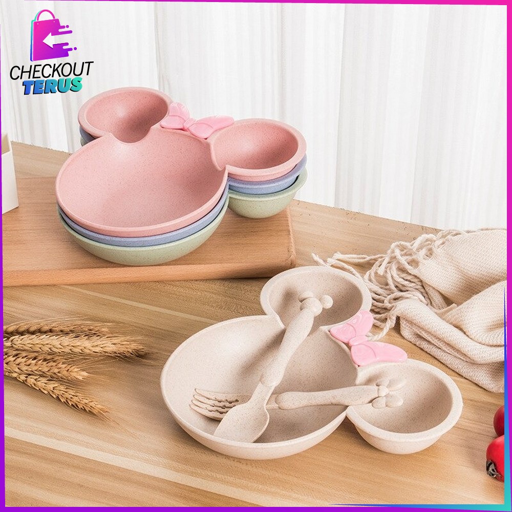 CT C373 Tempat Makan Anak Piring Makan Anak Karakter Miki Set Sendok Garpu Mangkok Makan Wheat Straw Mangkuk Makan Bayi Bahan Jerami Gandum Piring Anak Lucu