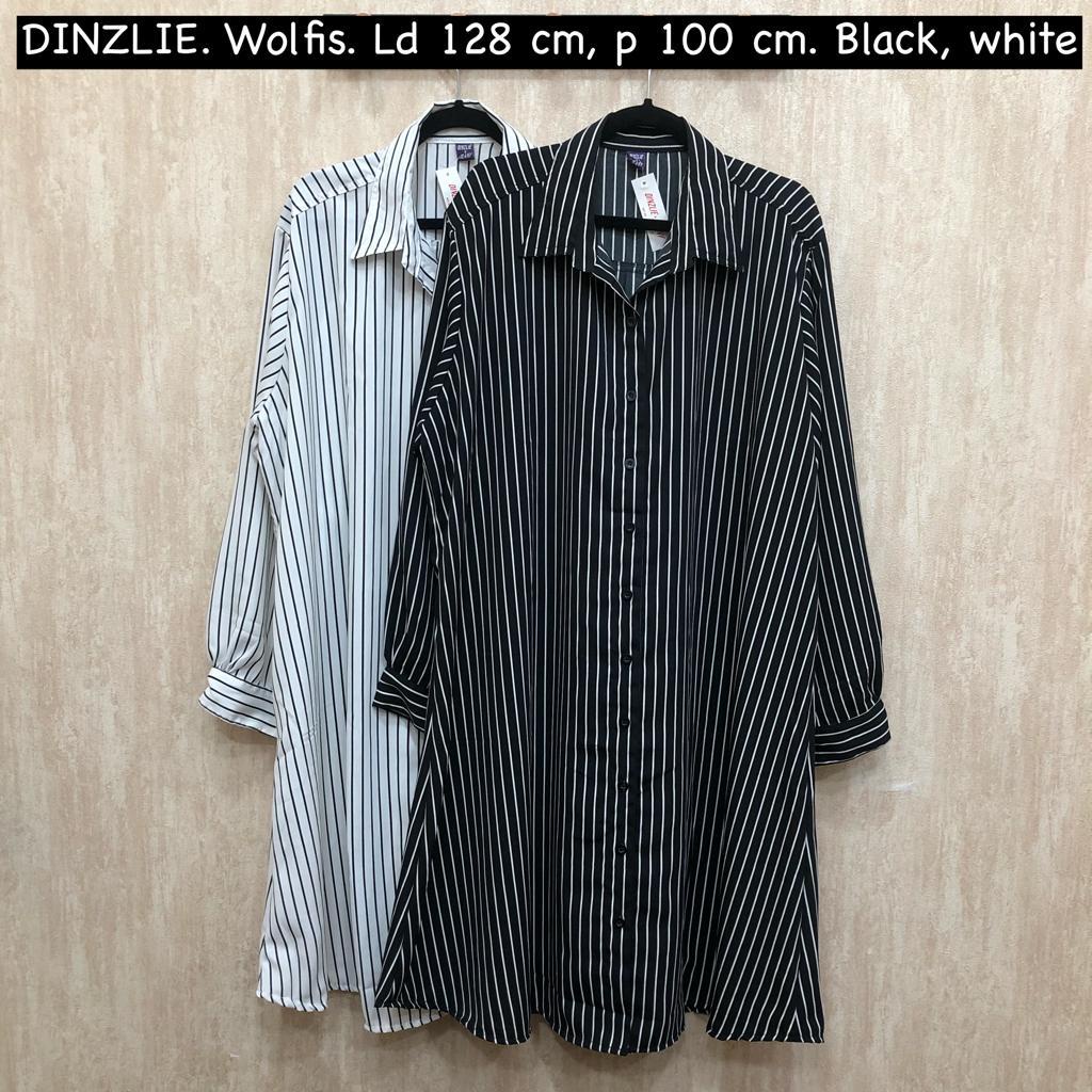 TOKODINZLIE KEMEJA PANJANG WANITA MOTIF SALUR WARNA HITAM PUTIH BAHAN WOLFIS XXXL