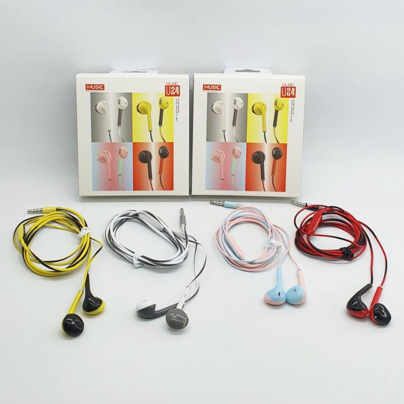 Handsfree Macaron 2 Tone Stereo Musik Headset U24 Built in Mic Extra Super Mega Bass