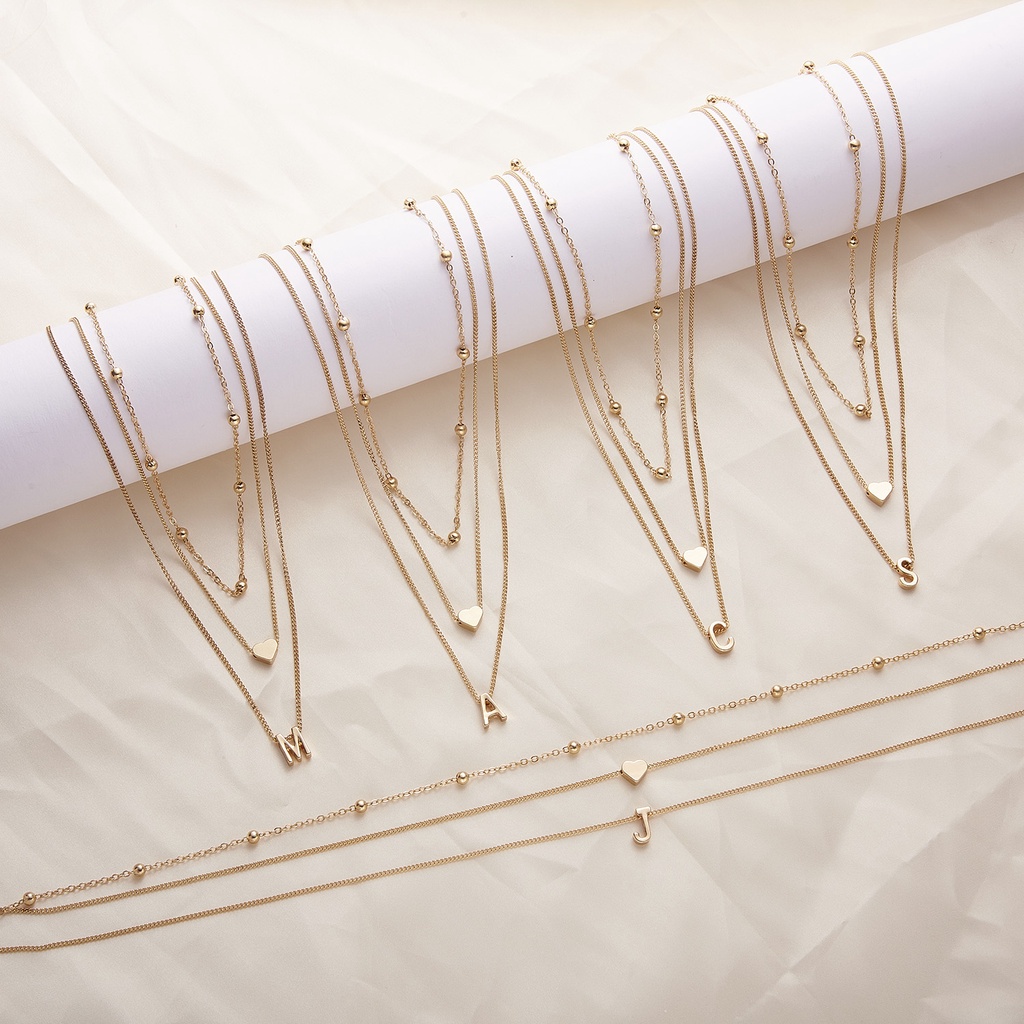 Kalung Liontin Manik-Manik Bulat Hati 26 Huruf 3 Lapis Emas Untuk Aksesoris Perhiasan