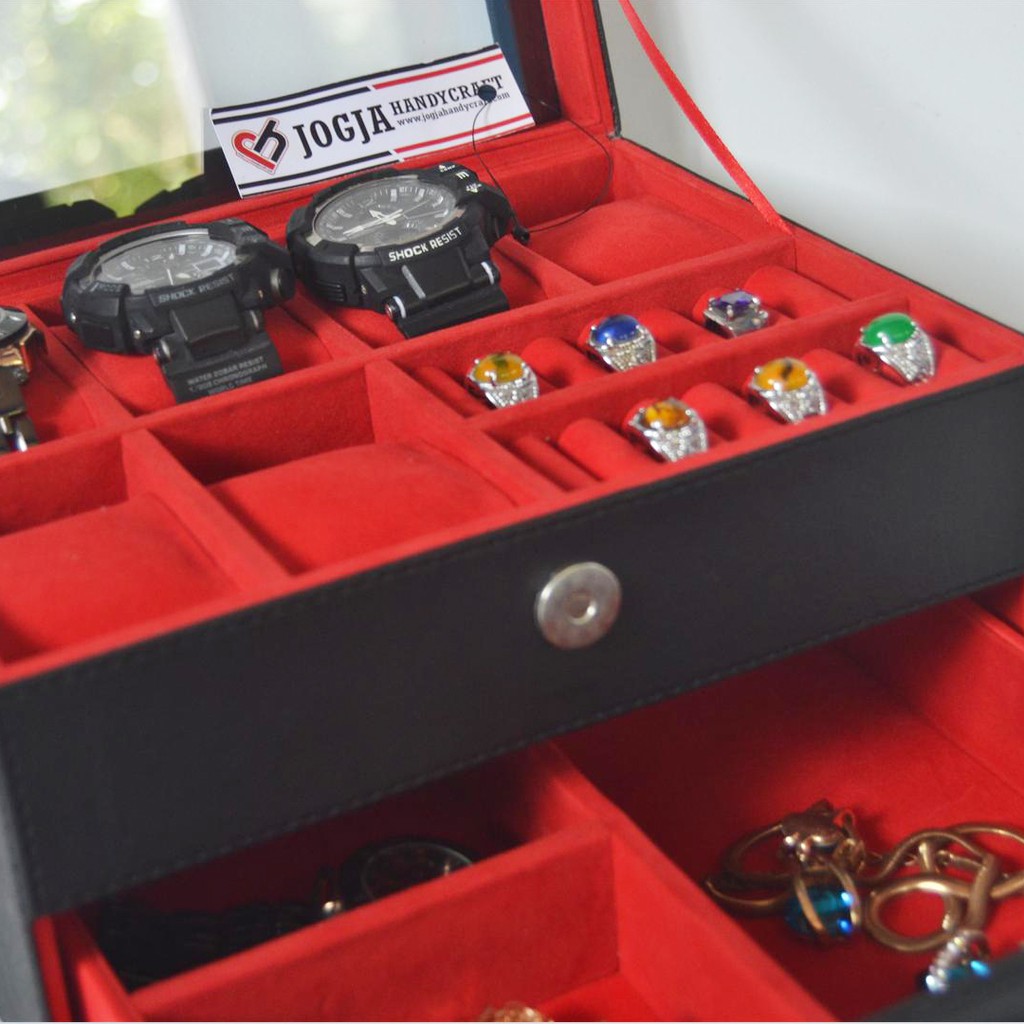 ORIGINAL Watch Box Organizer - Kotak Tempat Jam Tangan Sport &amp; Tempat Perhiasan Berlaci Hitam Merah